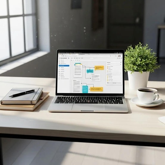 Modern workspace with laptop and knowledge management tools, enhancing productivity