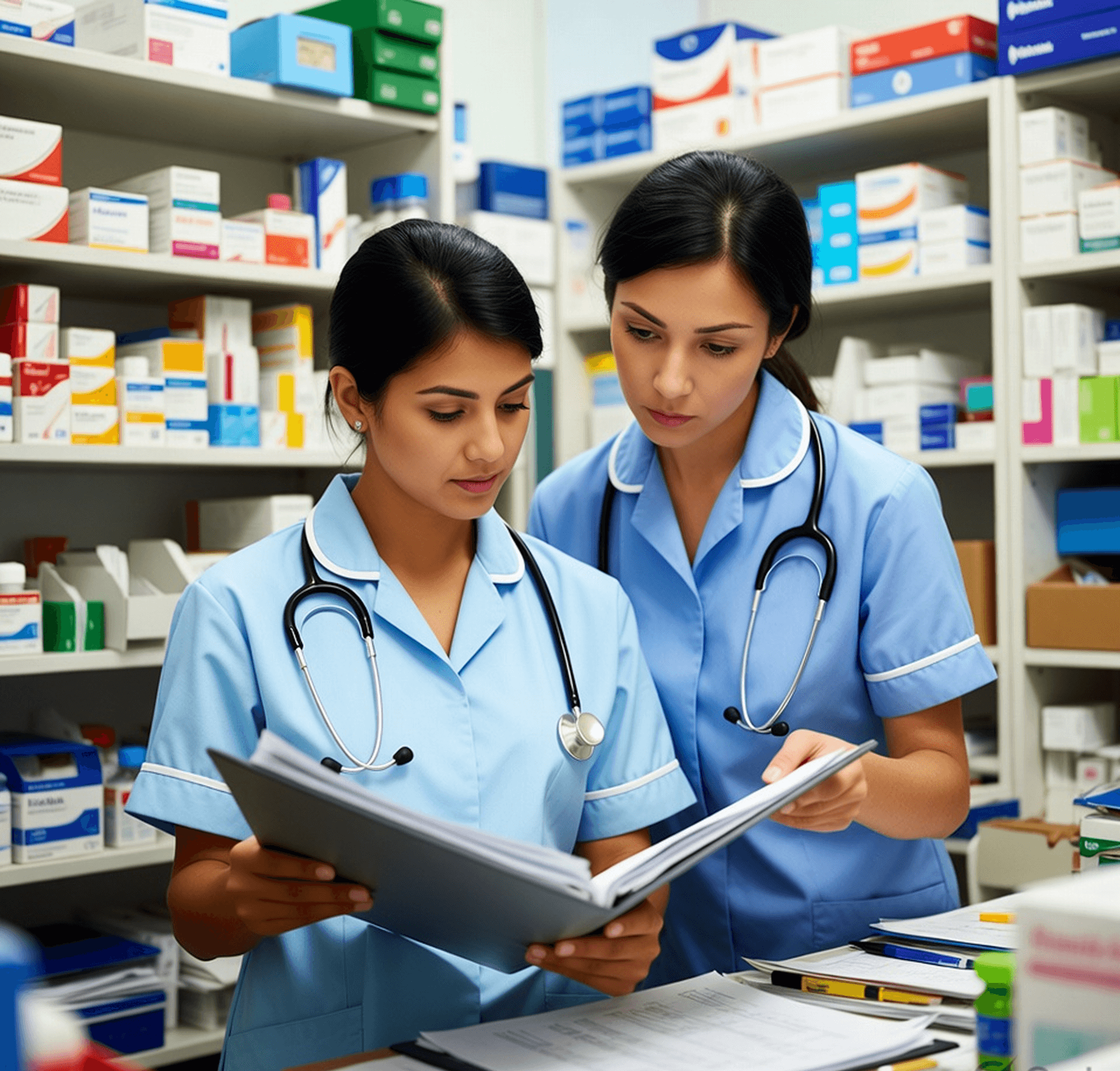Two nurses with stethoscopes reviewing documents.