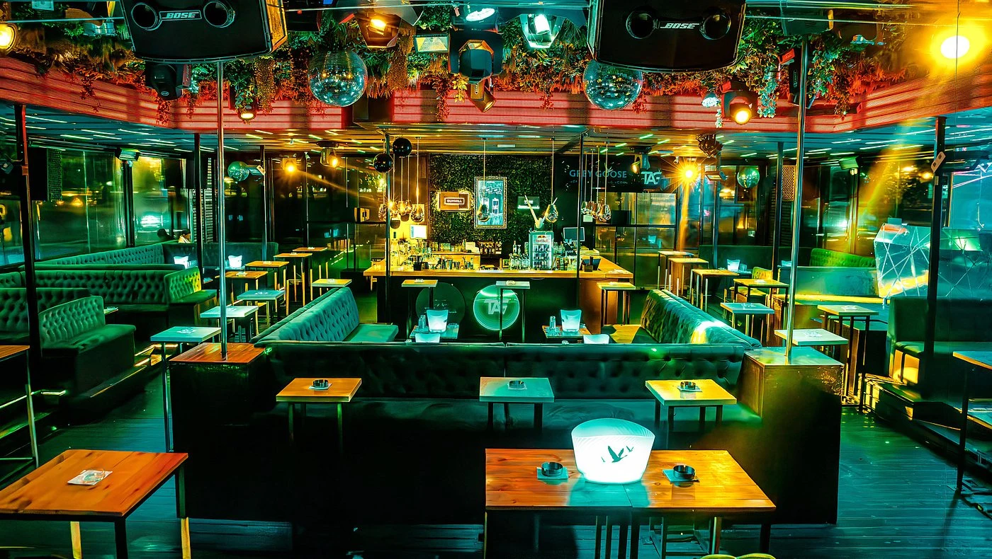 Splav Tag nightclub interior with dance floor and DJ stage, located in Belgrade, Serbia