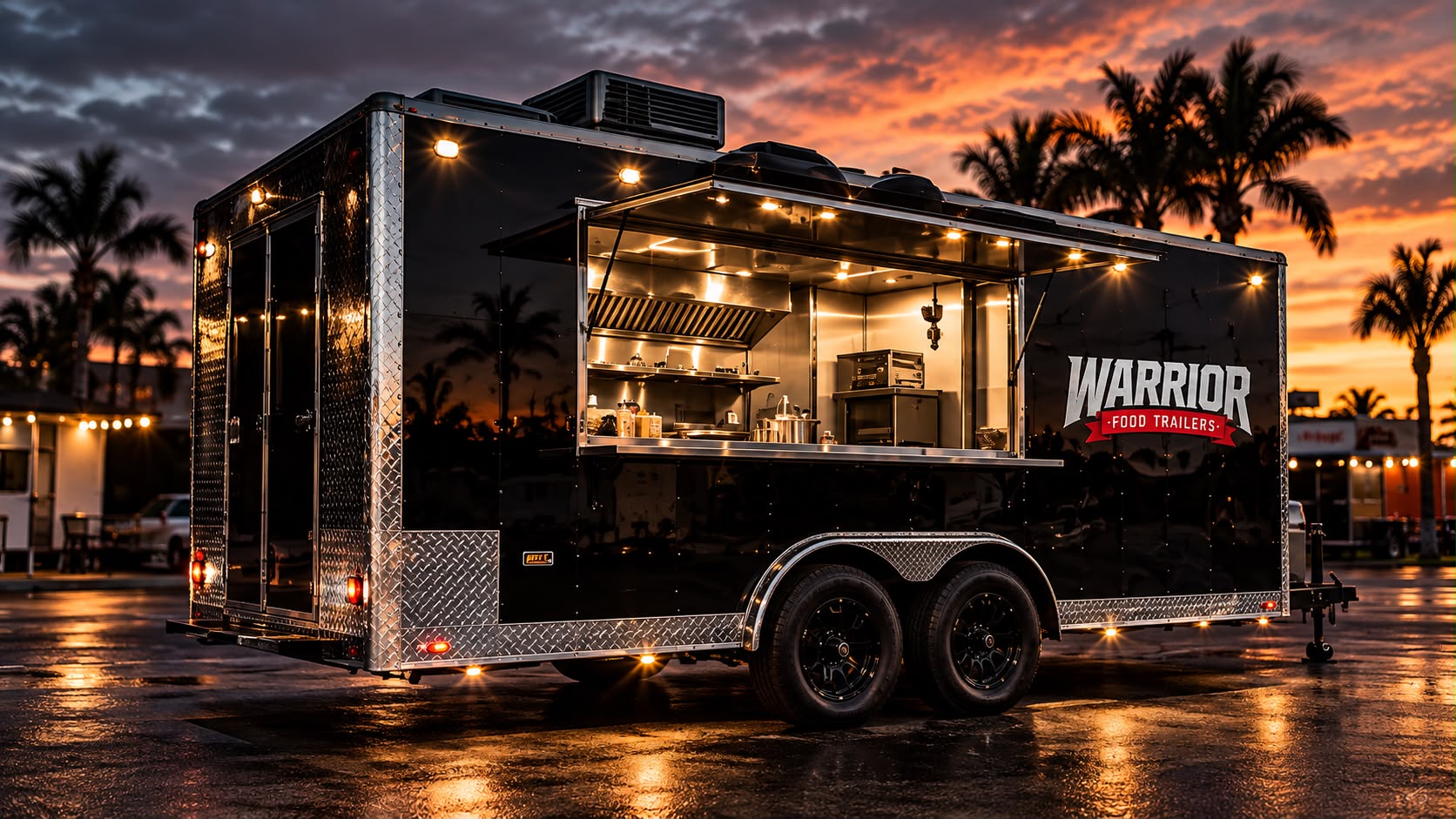 Food trailer exterior at night