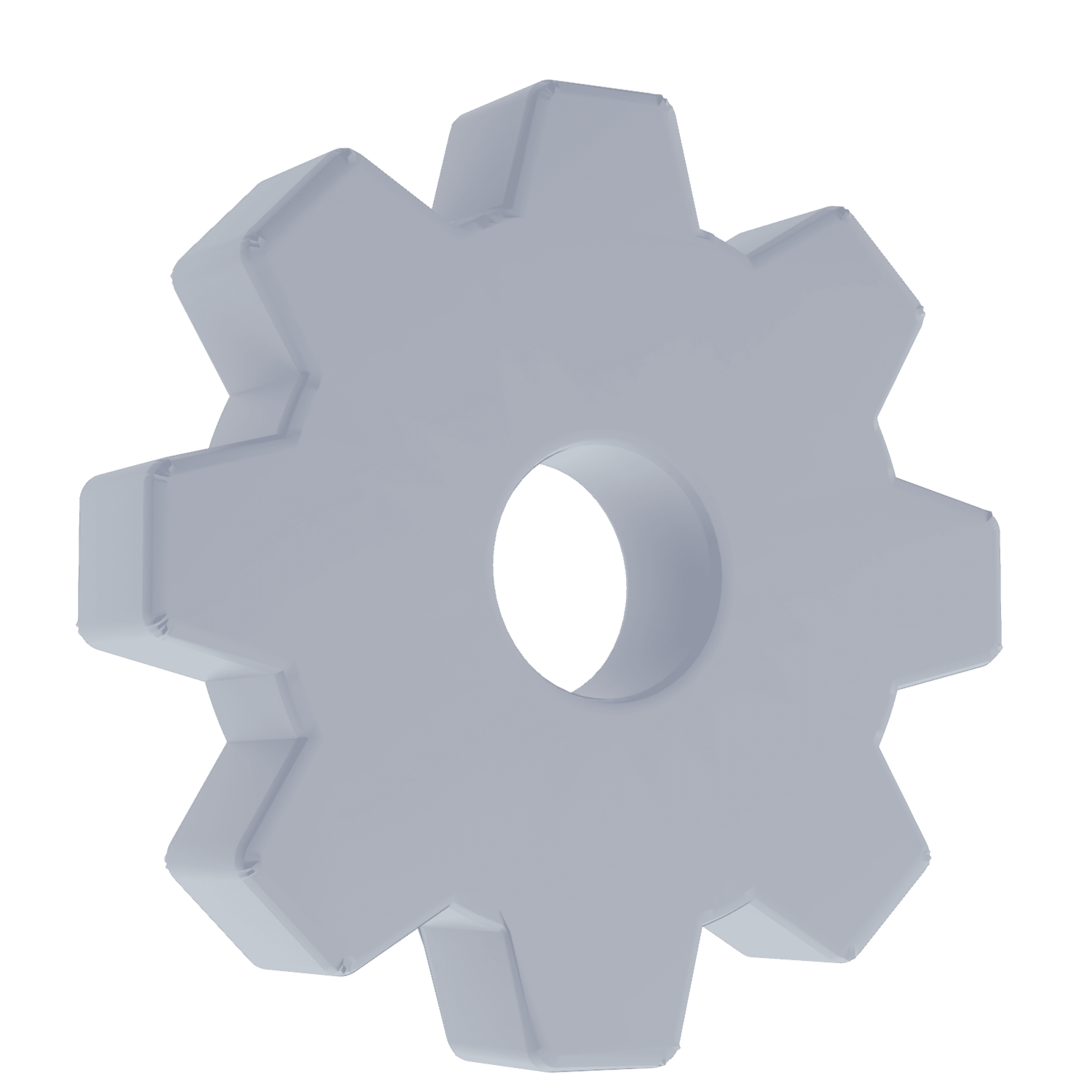 Gray gear icon with a circular hole in the center, rotating slightly on a teal background.