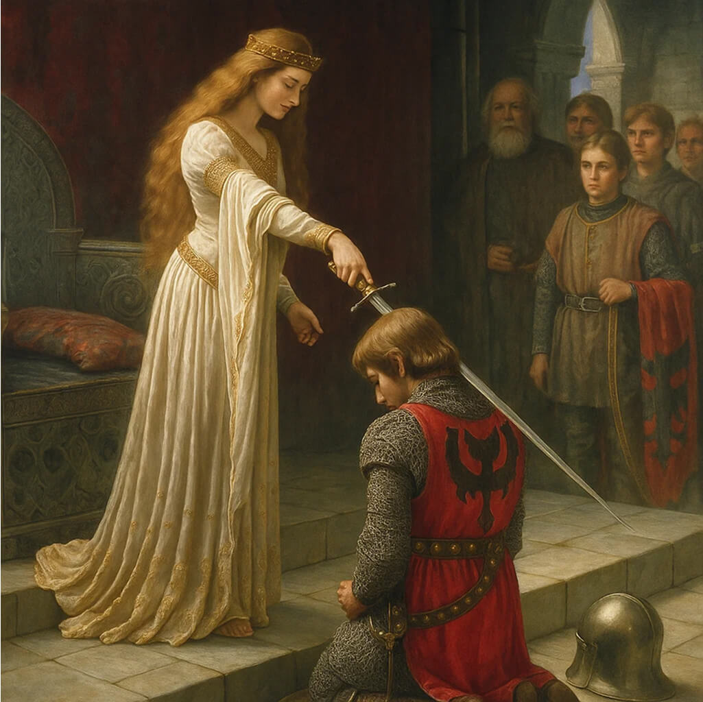 Classic painting of a woman knighting a young man — representing empowerment, recognition and leadership development at GUFR.