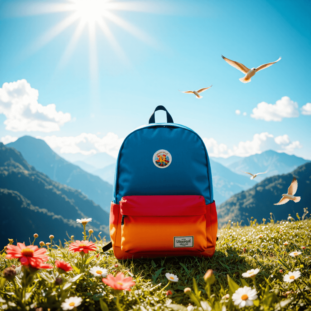 product photography of a backpack with a gradient design and a playful patch