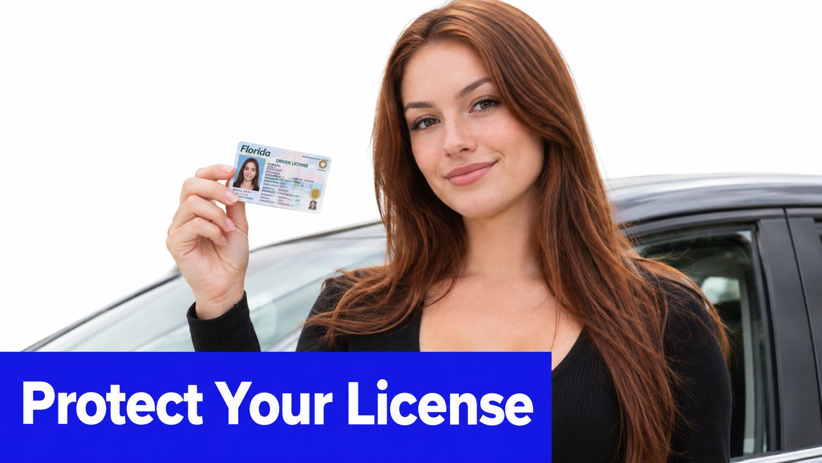 A woman with long red hair smiles while holding a Florida driver's license near a car.