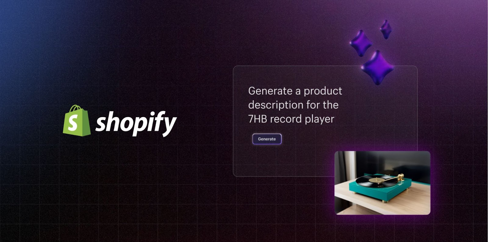 Shopify Magic-Prompt erstellt eine Produktbeschreibung für einen Plattenspieler, neben dem Shopify-Logo