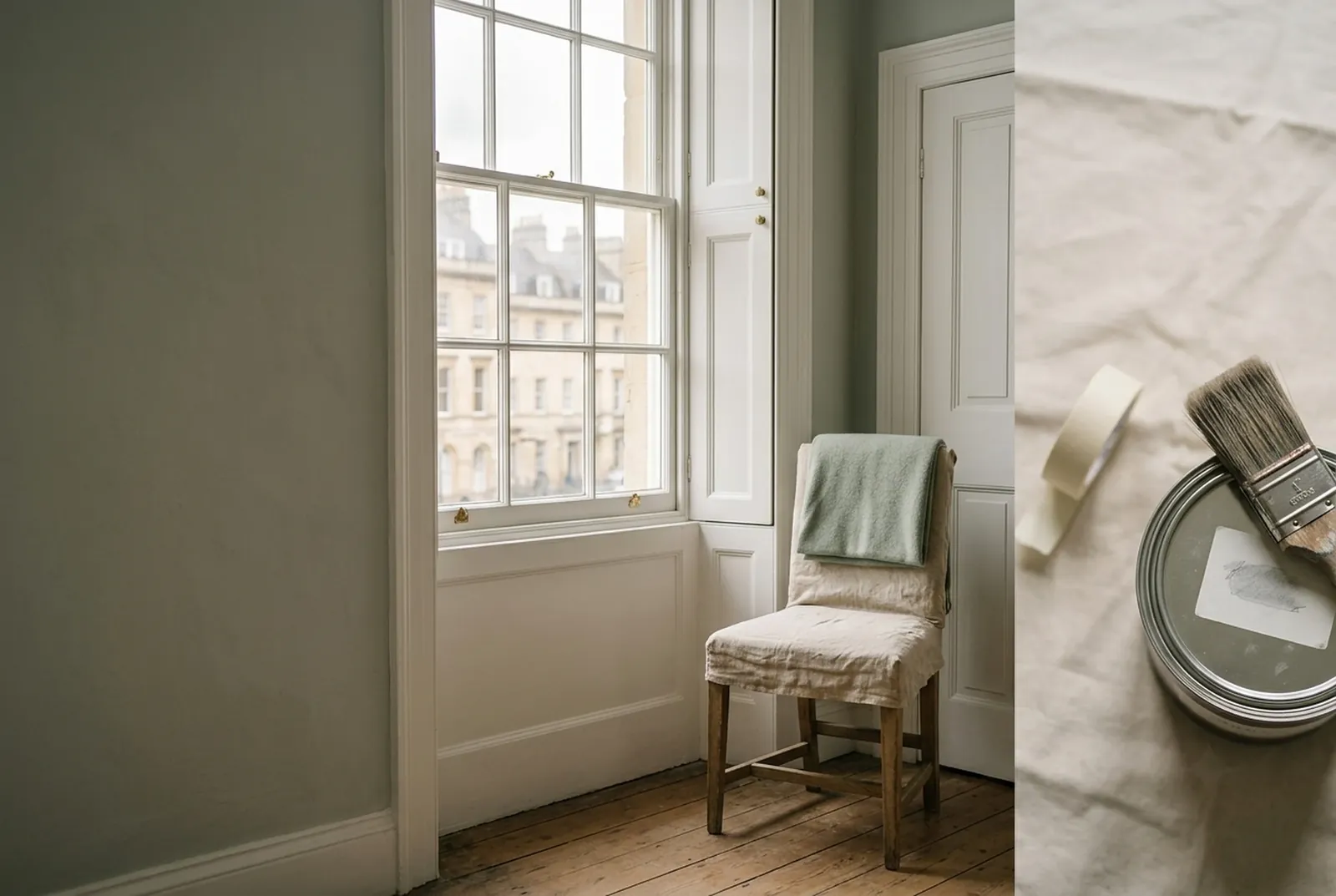 Morning light from a sash window onto a grey-green wall and a bedroom chair