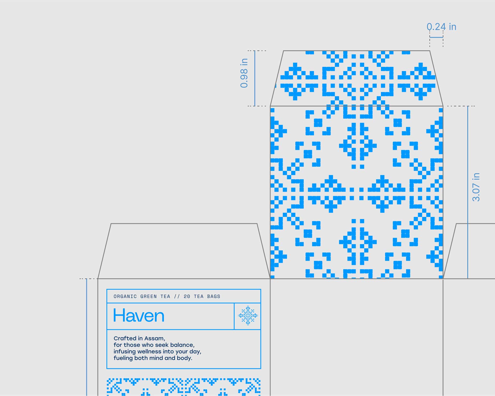 This image shows a detailed design for tea packaging with a blue pixelated floral pattern on a white background, including dimensions of the box and labeled as "Haven Organic Green Tea" with a description highlighting its benefits for mind and body.