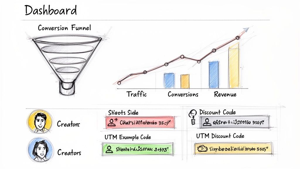 Hand-drawn dashboard illustrating a conversion funnel, traffic, conversions, revenue growth, and influencer marketing codes.