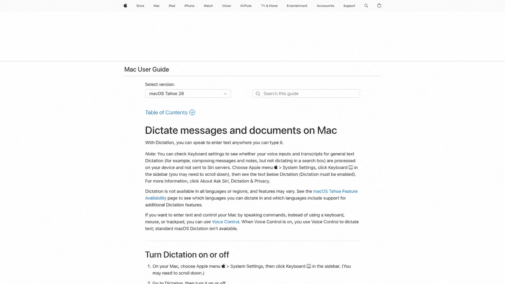Screenshot of https://support.apple.com/guide/mac-help/use-dictation-mh40584/mac
