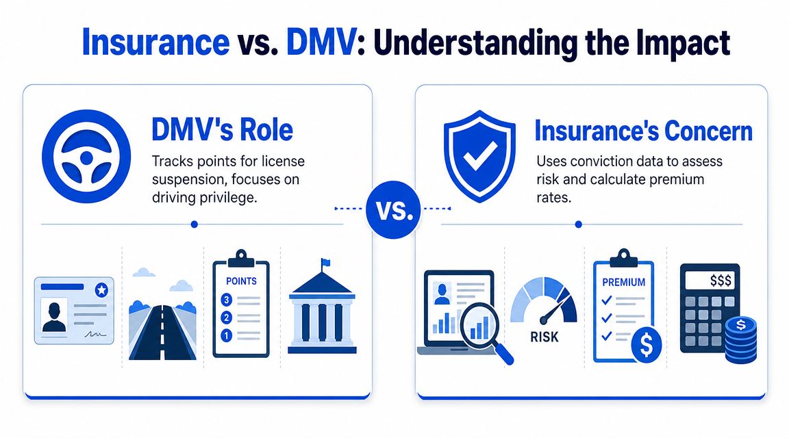 A comparison chart showing how the DMV tracks license points versus how insurance companies calculate risk premiums.