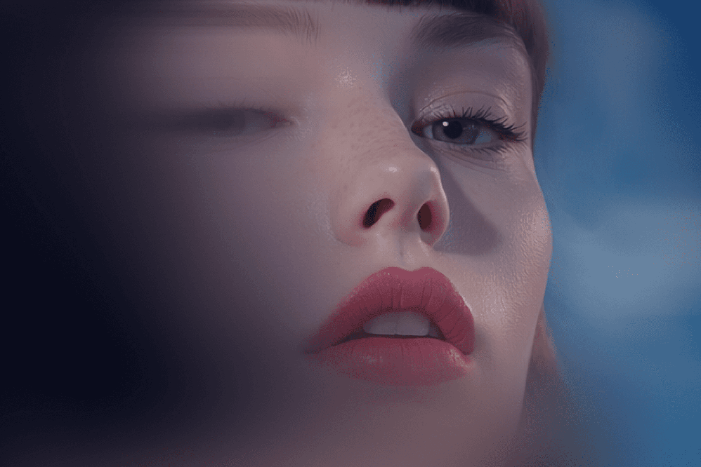 A woman with striking blue eyes and bold red lipstick, exuding confidence and elegance.