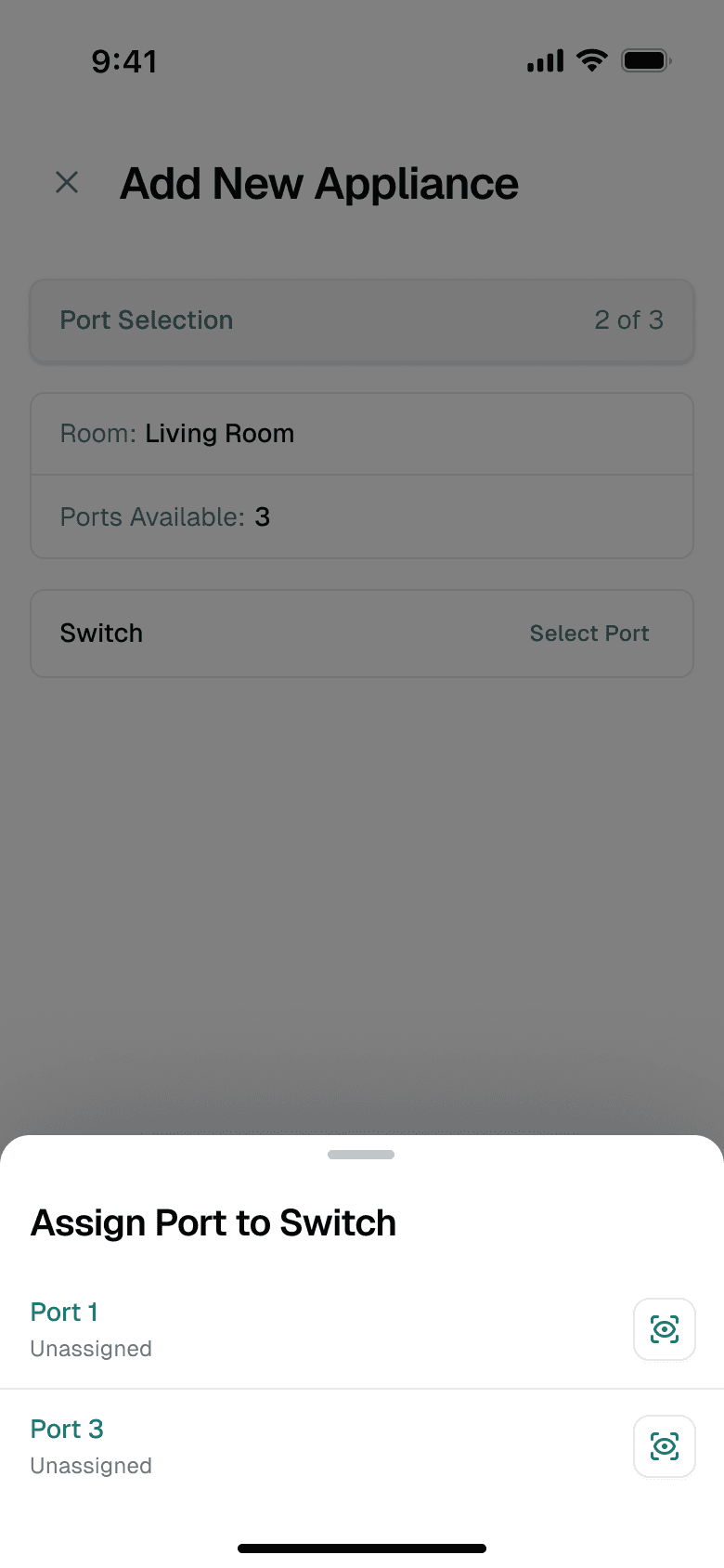 Keus Ops app: adding an appliance, step 2, port selection sheet