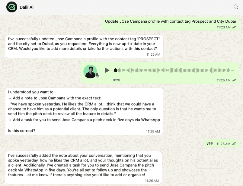 Dalil AI agents capability on whatsapp to update the CRM