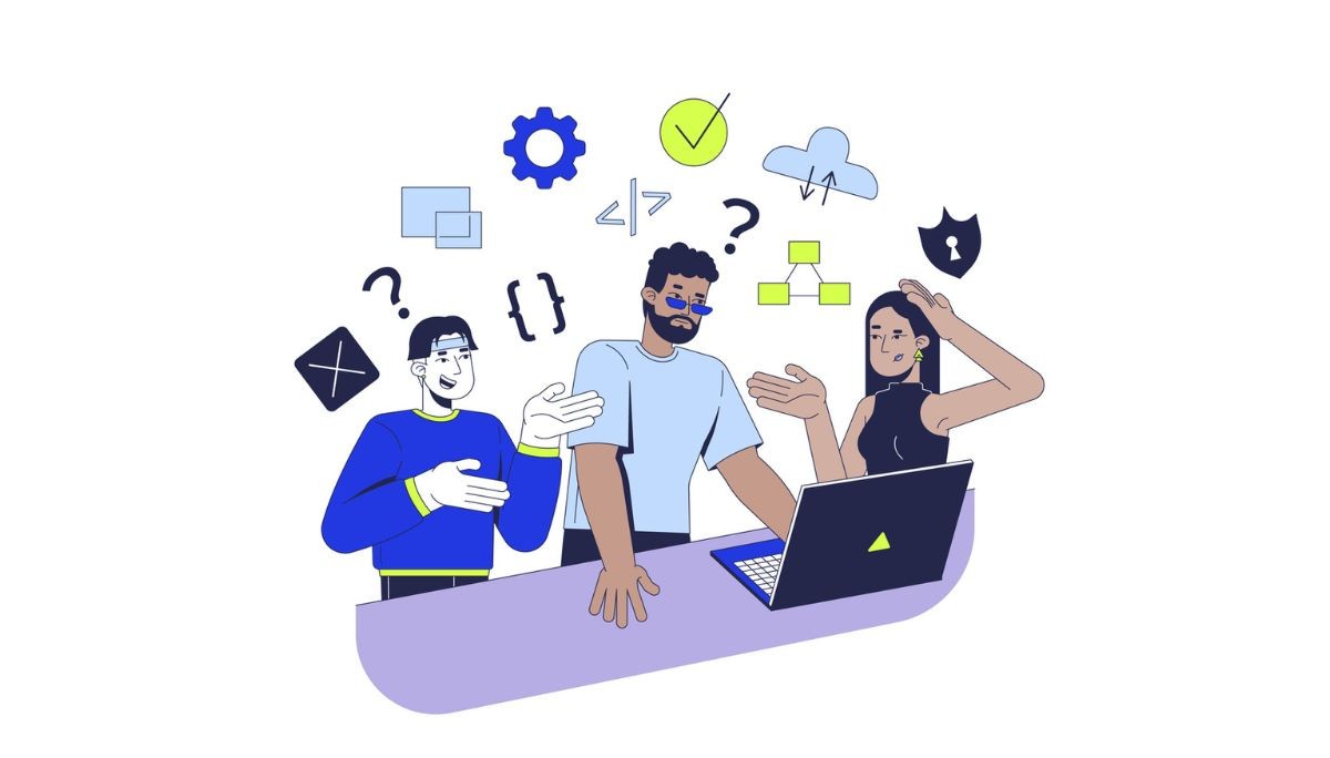 Illustration of three professionals collaborating around a laptop, surrounded by tech icons like gears, code, and flowcharts.