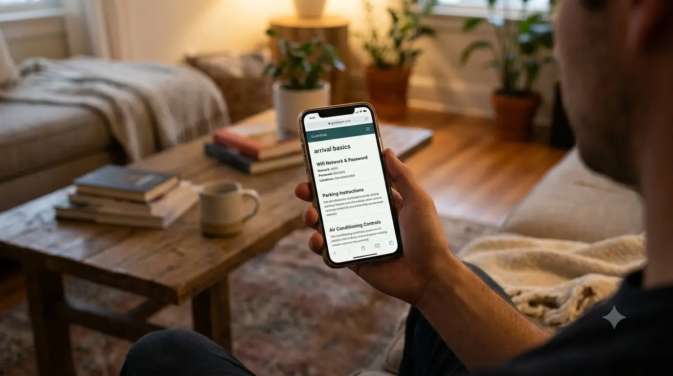 A guest viewing a vacation rental digital guidebook on a phone, open to wifi and check-in details.
