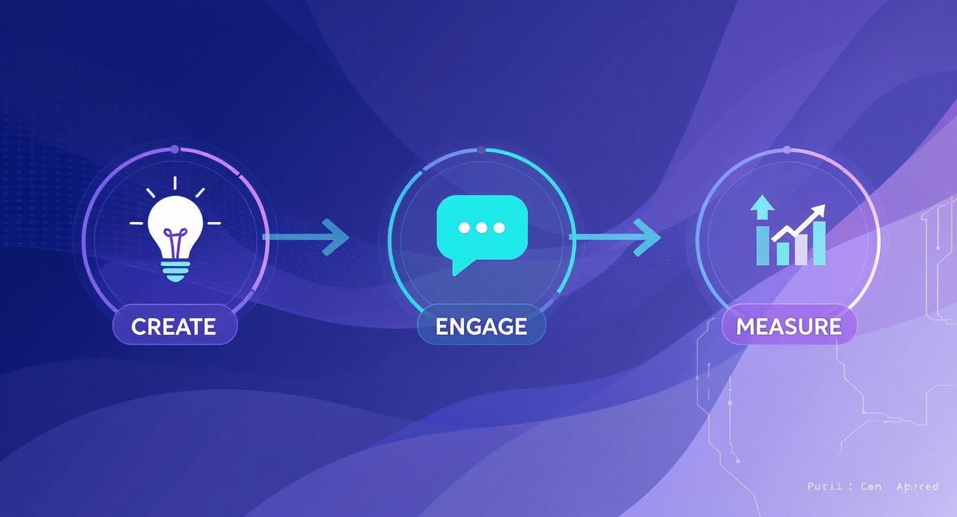 Three-step digital marketing workflow diagram showing create, engage, and measure stages with icons
