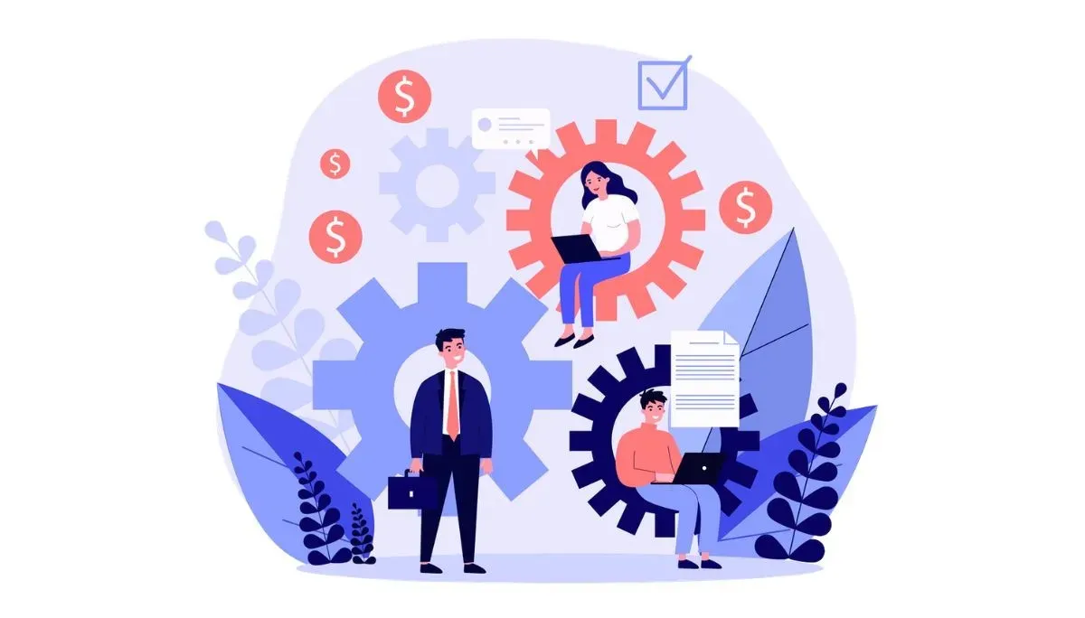 Illustration of three people working around oversized gears—one standing with a briefcase, one sitting on a red gear with a laptop, and another seated with documents—surrounded by icons like dollar signs, checkmarks, and chat bubbles, symbolizing the high‑value technical and cross‑functional skills that make QA engineers increasingly well‑paid.