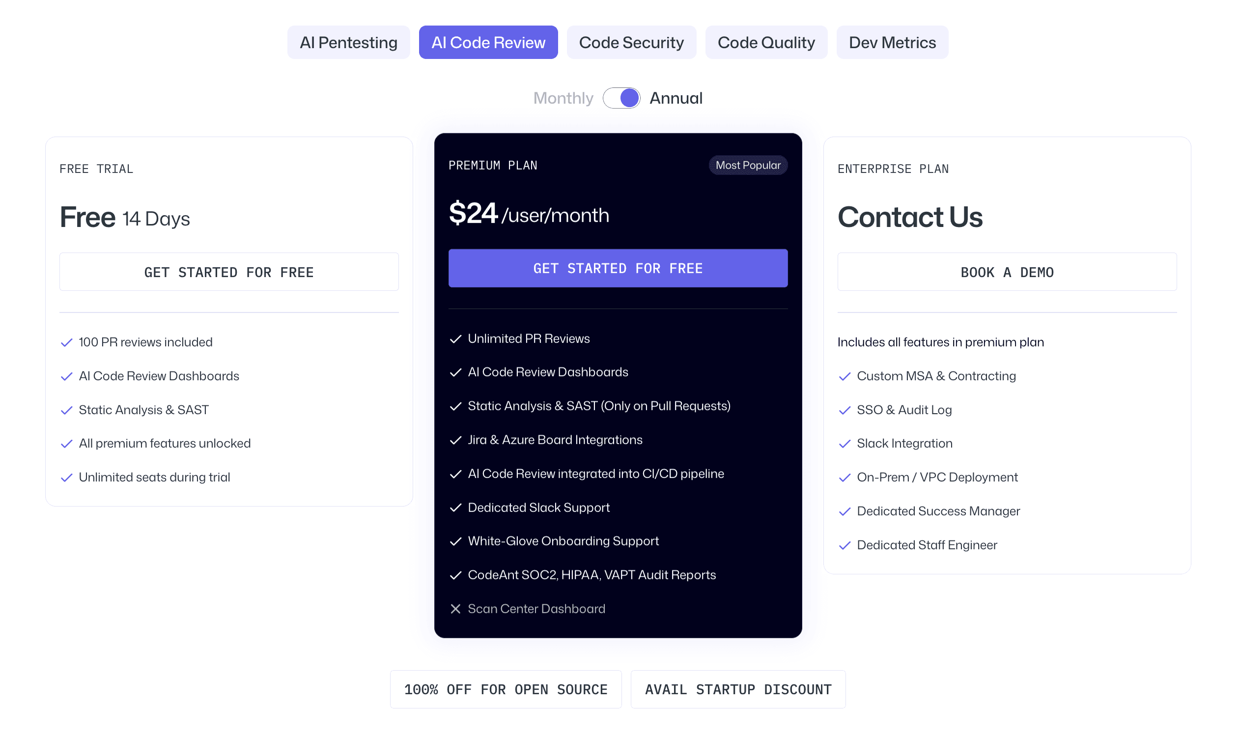 Pricing page of CodeAnt.ai where you can get the entire breakdown of AI code, reviews, code, security, code, quality.