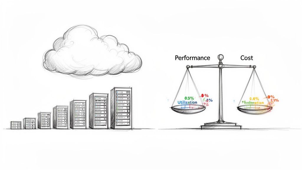 Sketch illustrating cloud computing infrastructure with servers and a balance scale weighing performance against cost.
