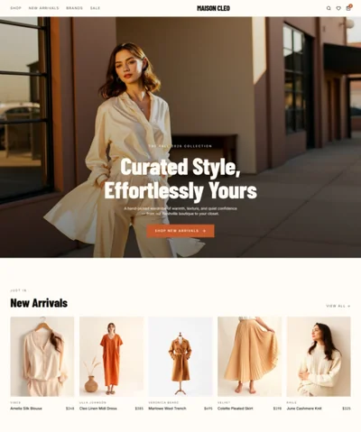 Fashion boutique website template preview with lookbook layout