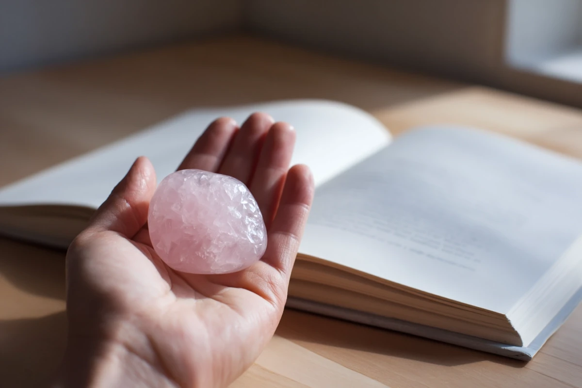 Rose quartz palm stone on a desk beside an open notebook.