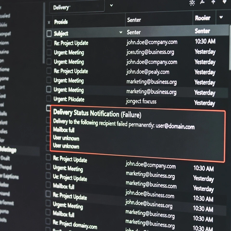 Screenshot of an inbox filled with normal-looking business emails and repeated red delivery failure notifications for valid addresses, showing the exact infrastructure problem that causes good emails to bounce.