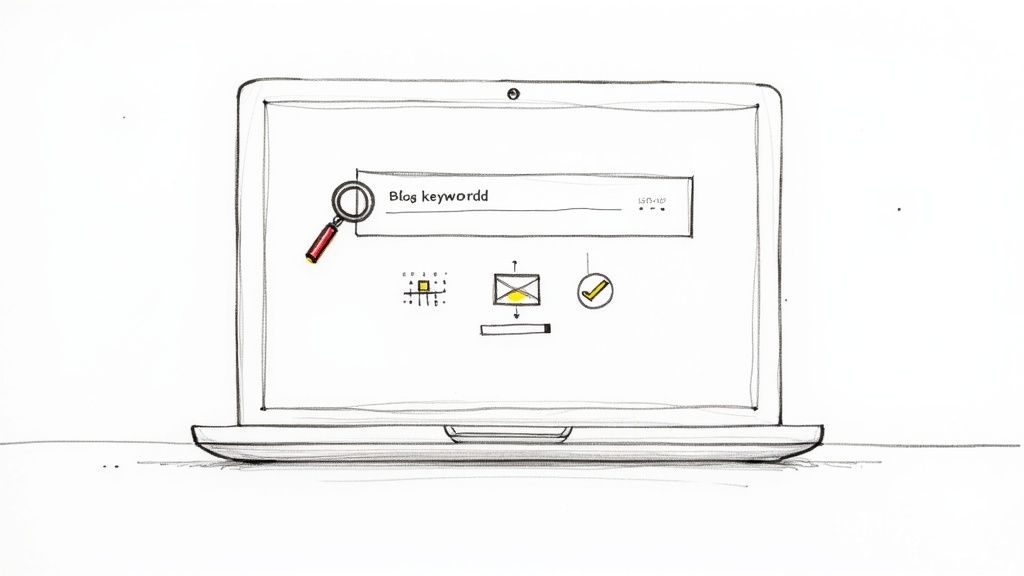 Laptop screen displaying blog keyword search bar with magnifying glass and marketing icons illustration