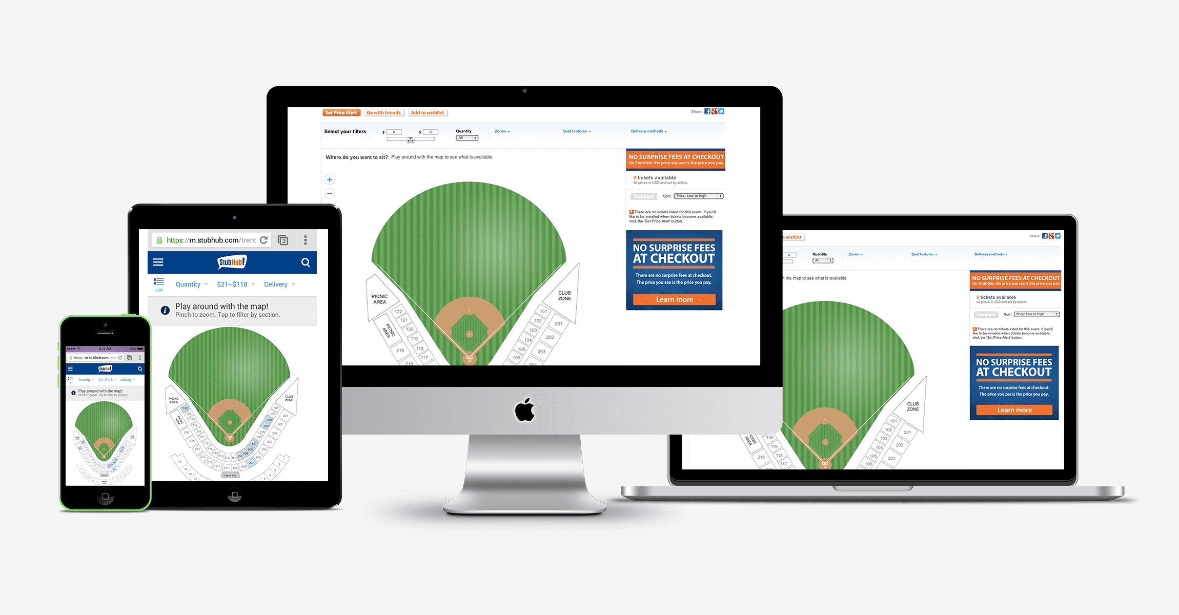 Multiple devices showing StubHub website on screen