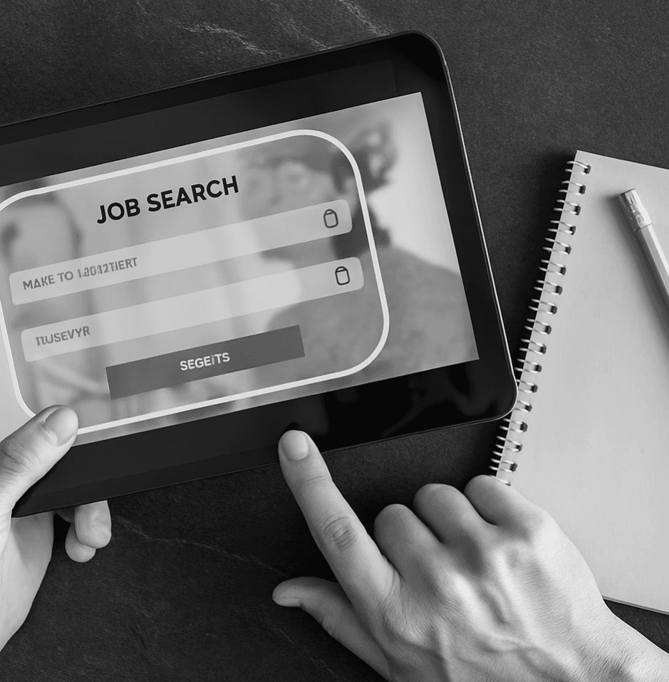 Close-up of a person searching for jobs online on a tablet, symbolizing safe digital recruitment and verified opportunities with Profiled Nigeria.