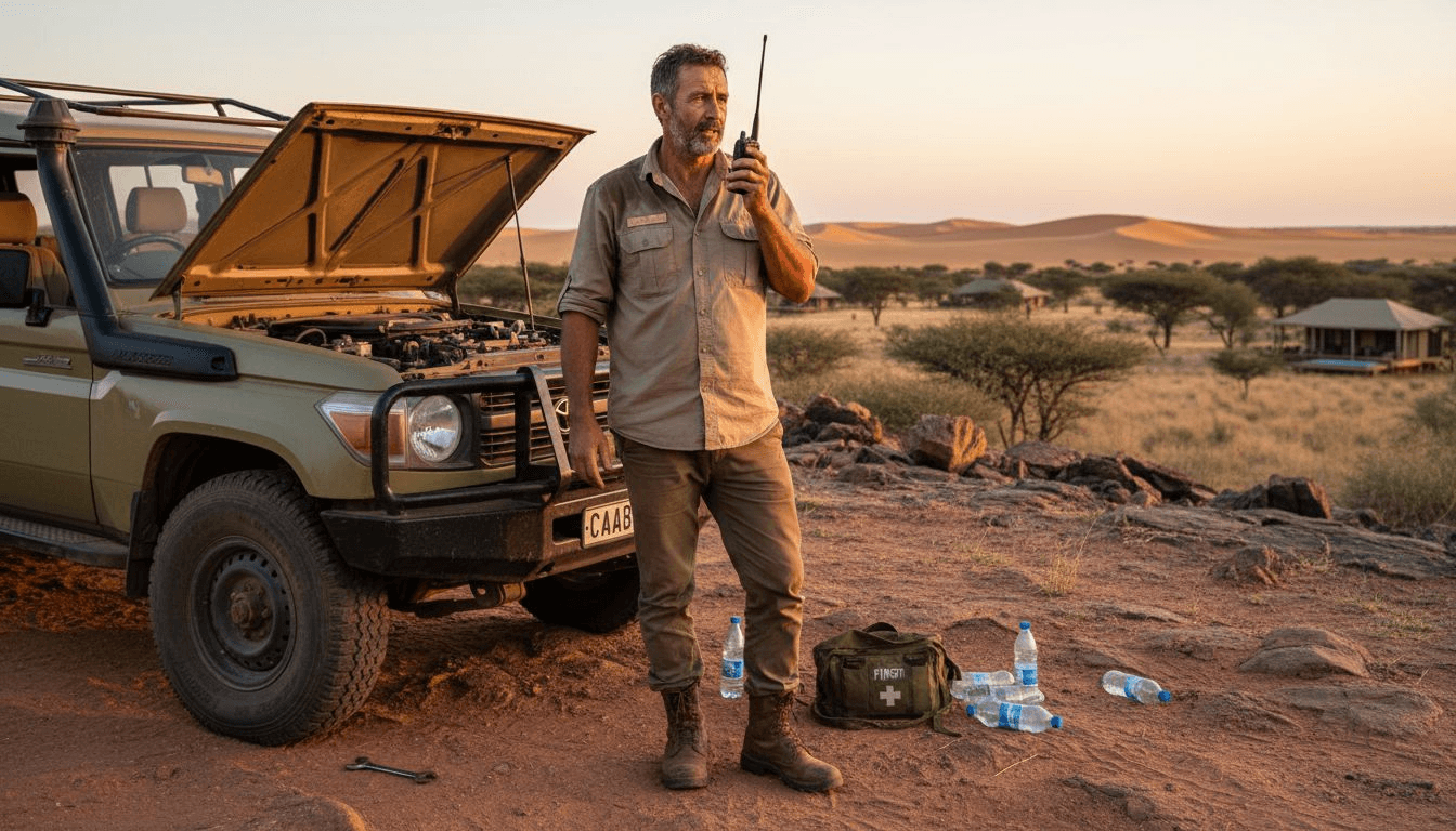 Guide handling safari vehicle emergency