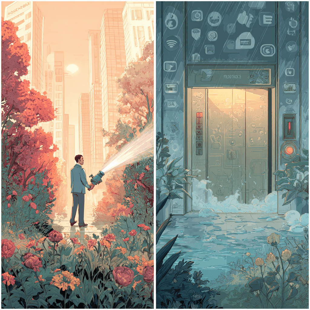 split-scene cinematic illustration left side: a small fitness coach standing in a serene garden, watering vibrant flowers with a glass of water, social media symbols blooming like plants, soft morning light, community atmosphere, emotional warmth right side: a tech startup founder wearing a suit, standing in a corporate high-rise, aiming a firehose at a locked metal door labeled "Fortune 500", water flooding the sterile office, harsh artificial light, cold tones, expressions of confusion and desperation symbolic, narrative-rich, hyper-detailed, realistic lighting, storytelling composition, muted vs saturated color contrast, cinematic depth of field