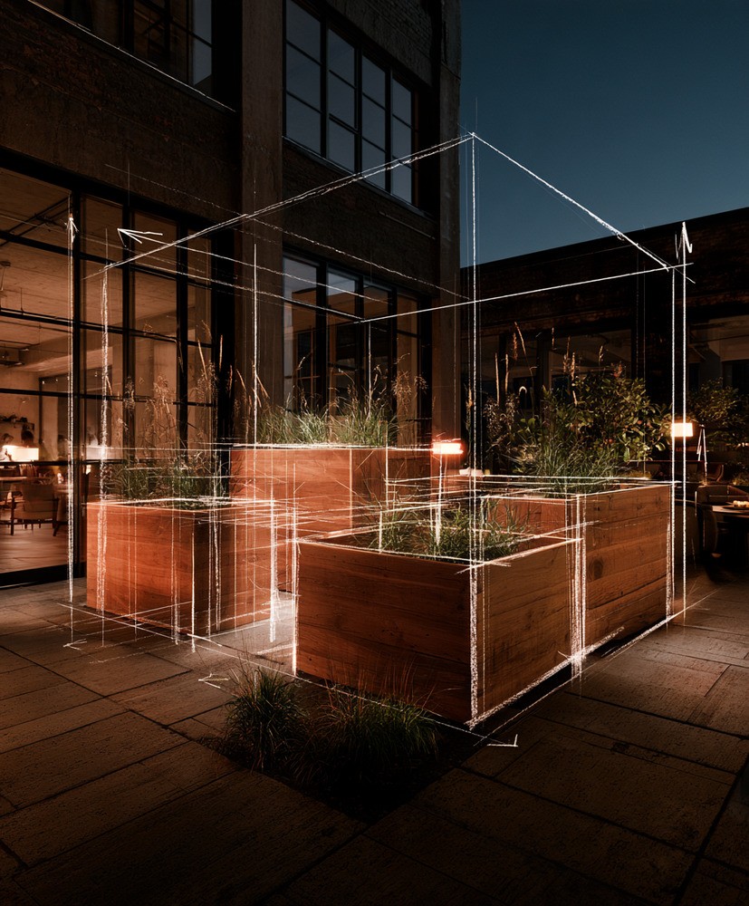 Croquis architectural superposé sur des jardinières en bois assorties disposées dans un patio, illustrant une configuration à plusieurs éléments