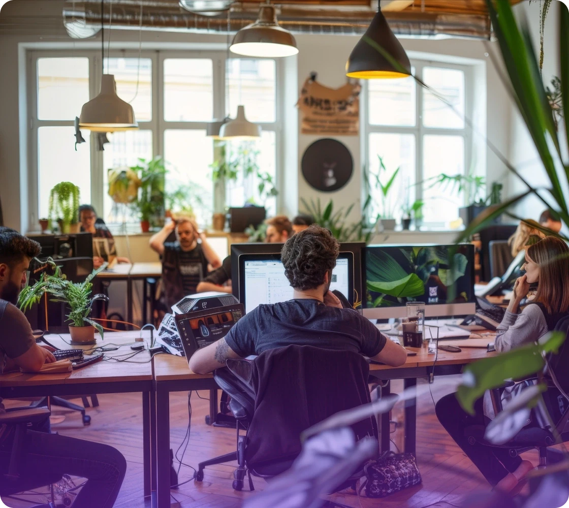A group of people collaborates around a large table in a bright, plant-filled workspace.