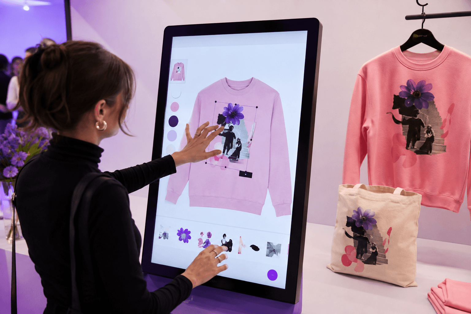 Asistente personalizando una prenda desde una pantalla táctil en un evento
