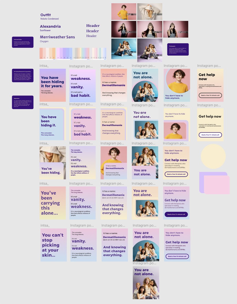 Twenty-four plus design iterations for a five-slide Instagram carousel, exploring combinations of typography weight, background color, imagery treatment, and layout across multiple rounds of refinement.