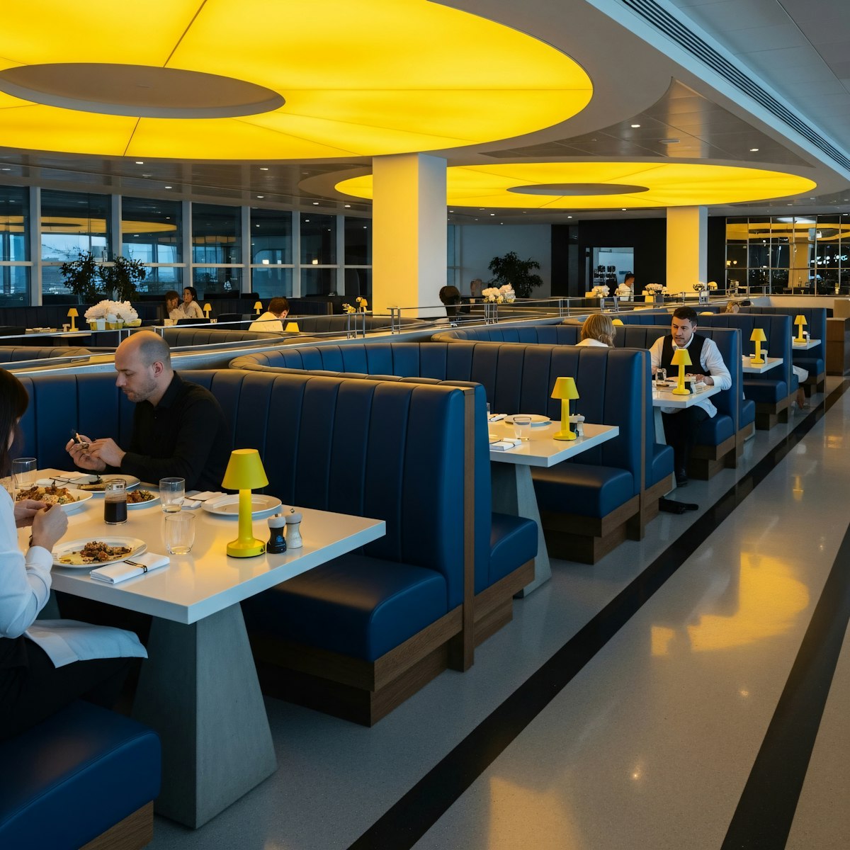 Modern cafeteria with blue booths, yellow pendant lights, and a clean, organized layout. Patrons enjoy meals in a bright, structured space.
