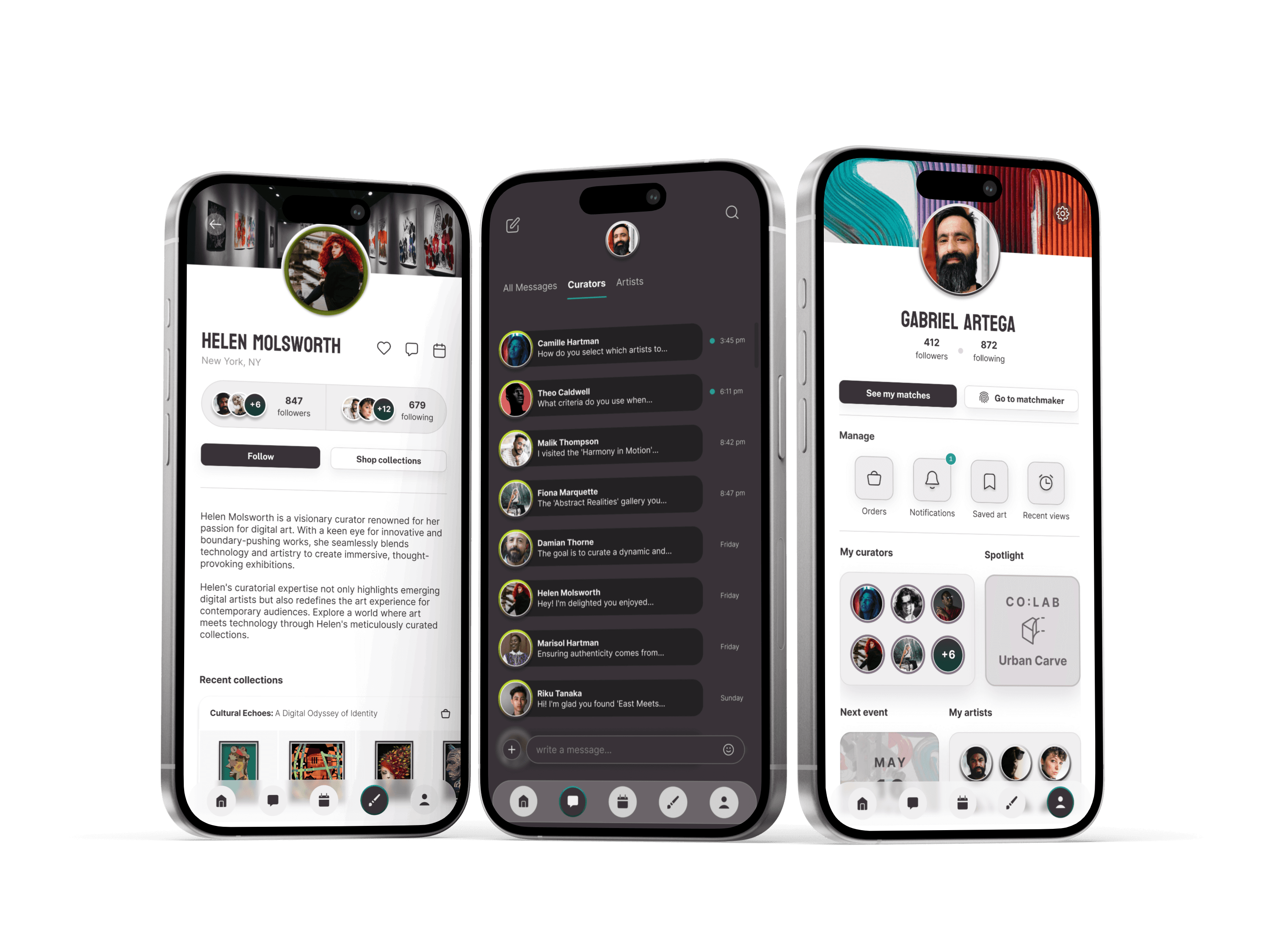 Three iPhones showcase a curator profile, messages, and user profile, emphasizing easy access to curator expertise.