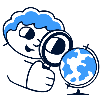 Cartoon image of person exploring the globe 