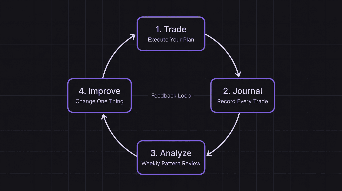 Flowchart showing the four-step trading feedback loop cycle: Trade, Journal, Analyze, Improve