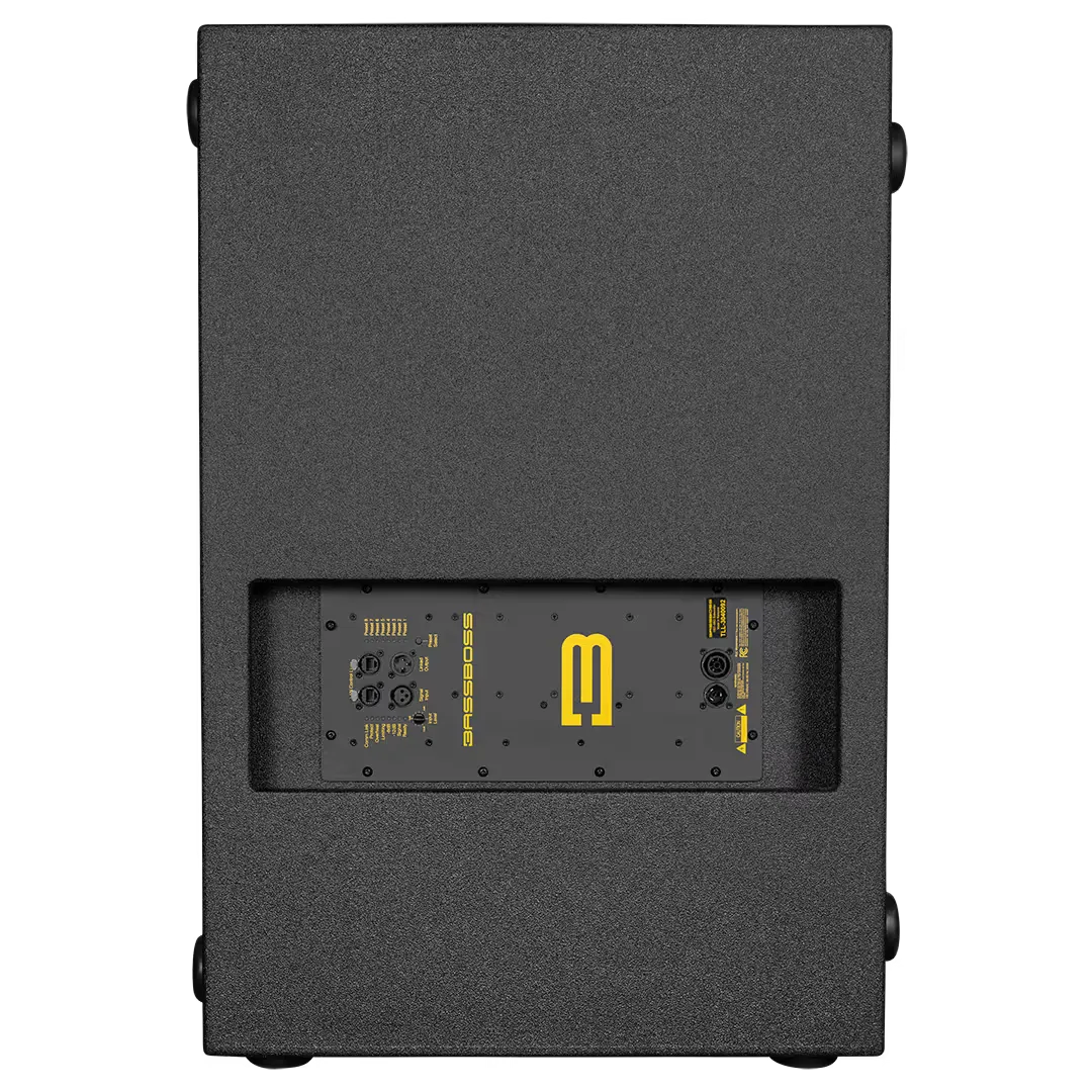 Subwoofer rear panel with connectors and logo