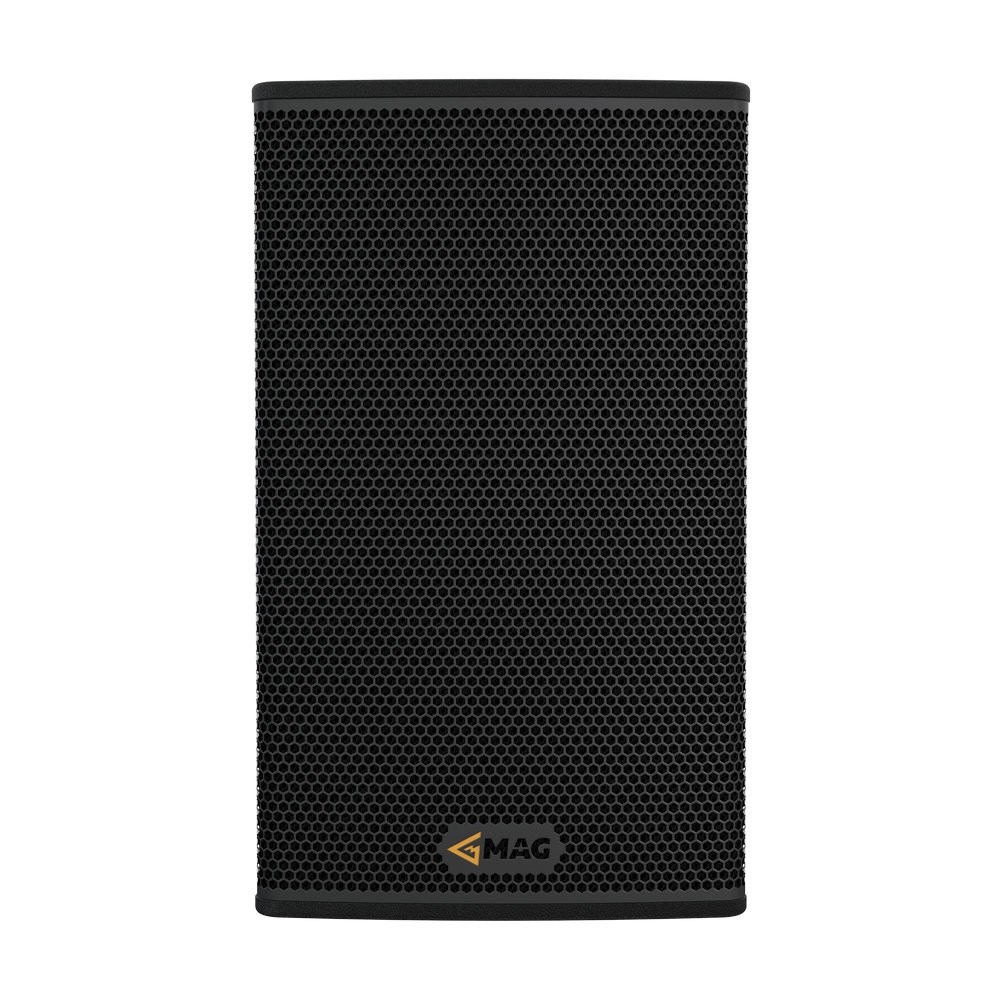 Black speaker with honeycomb grill and MAG logo.