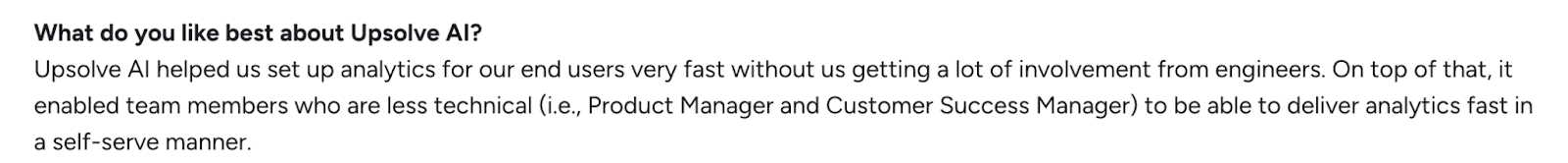 User review highlighting fast setup and self-service analytics with Upsolve AI