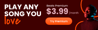 Music streaming ad featuring a man wearing headphones with a Beats Premium subscription offer for $3.99 per month.