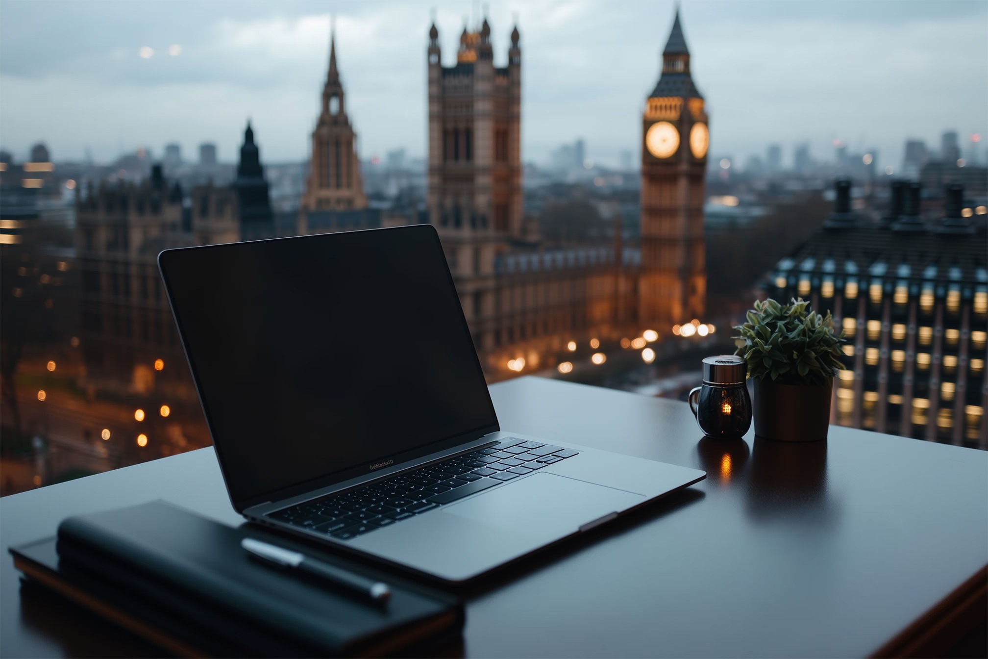 Bir pencereden şehir manzarasına bakan bir masada dizüstü bilgisayar ve sandalye.
