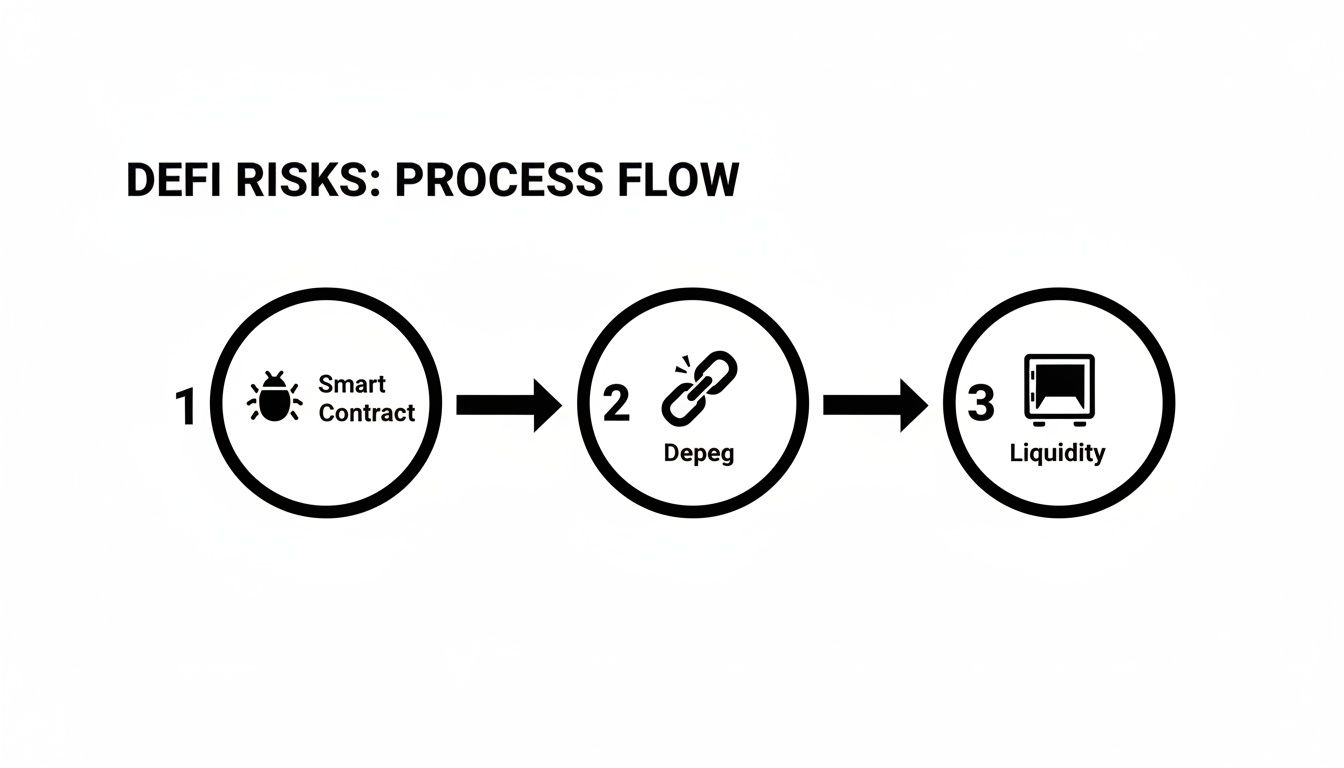 A DeFi risks process flow diagram outlining steps: 1. Smart Contract bug, 2. Depeg, and 3. Liquidity.