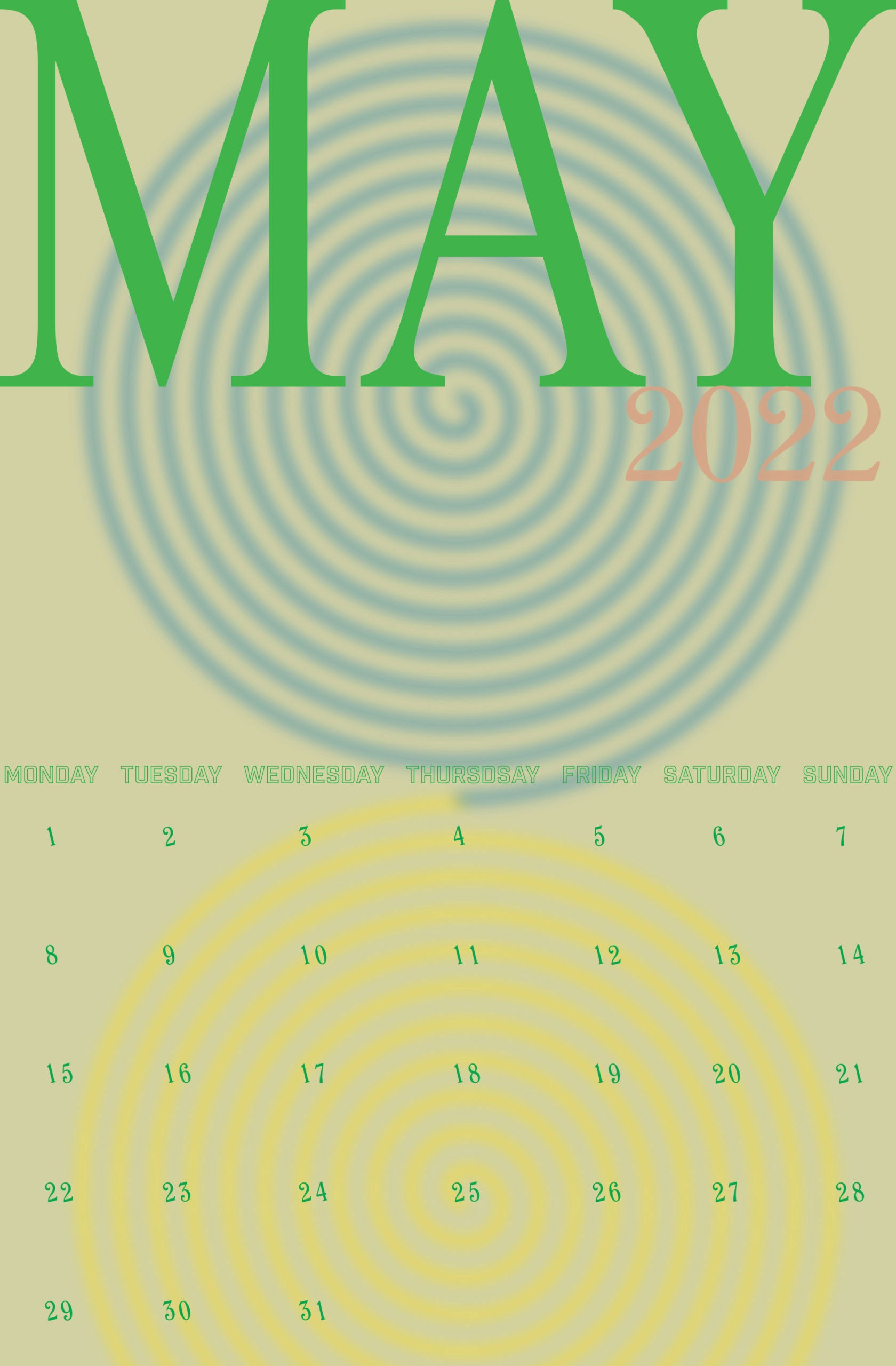 May 2022 month illustration is written in green on a muted light green background, and there are two spirals in the background, blue and yellow