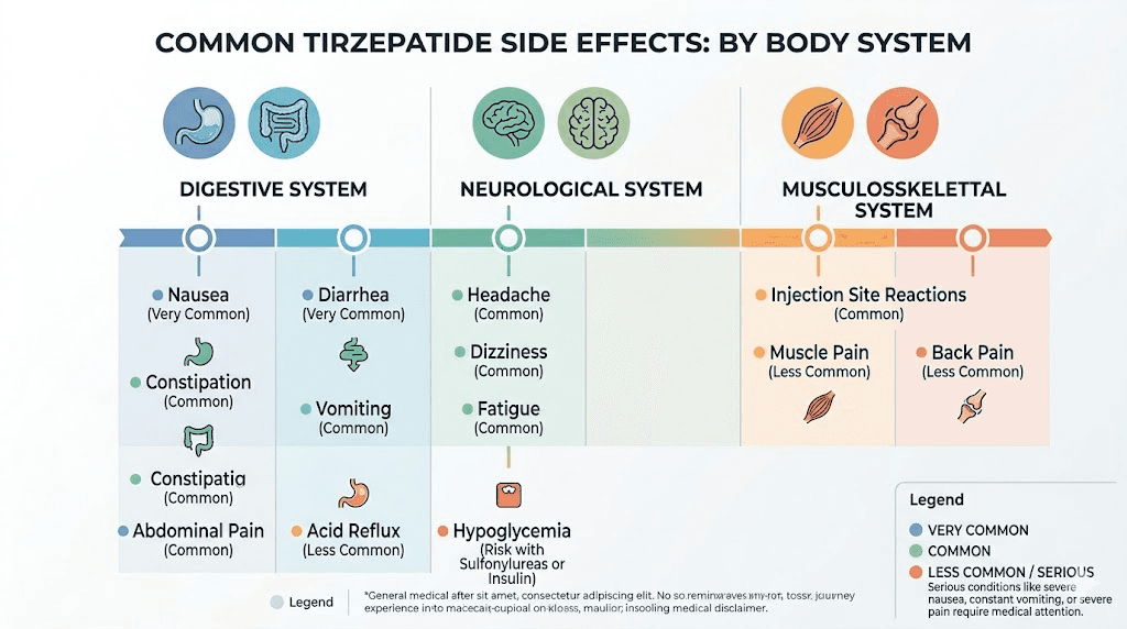 Common BelloBella tirzepatide side effects chart organized by body system and severity level