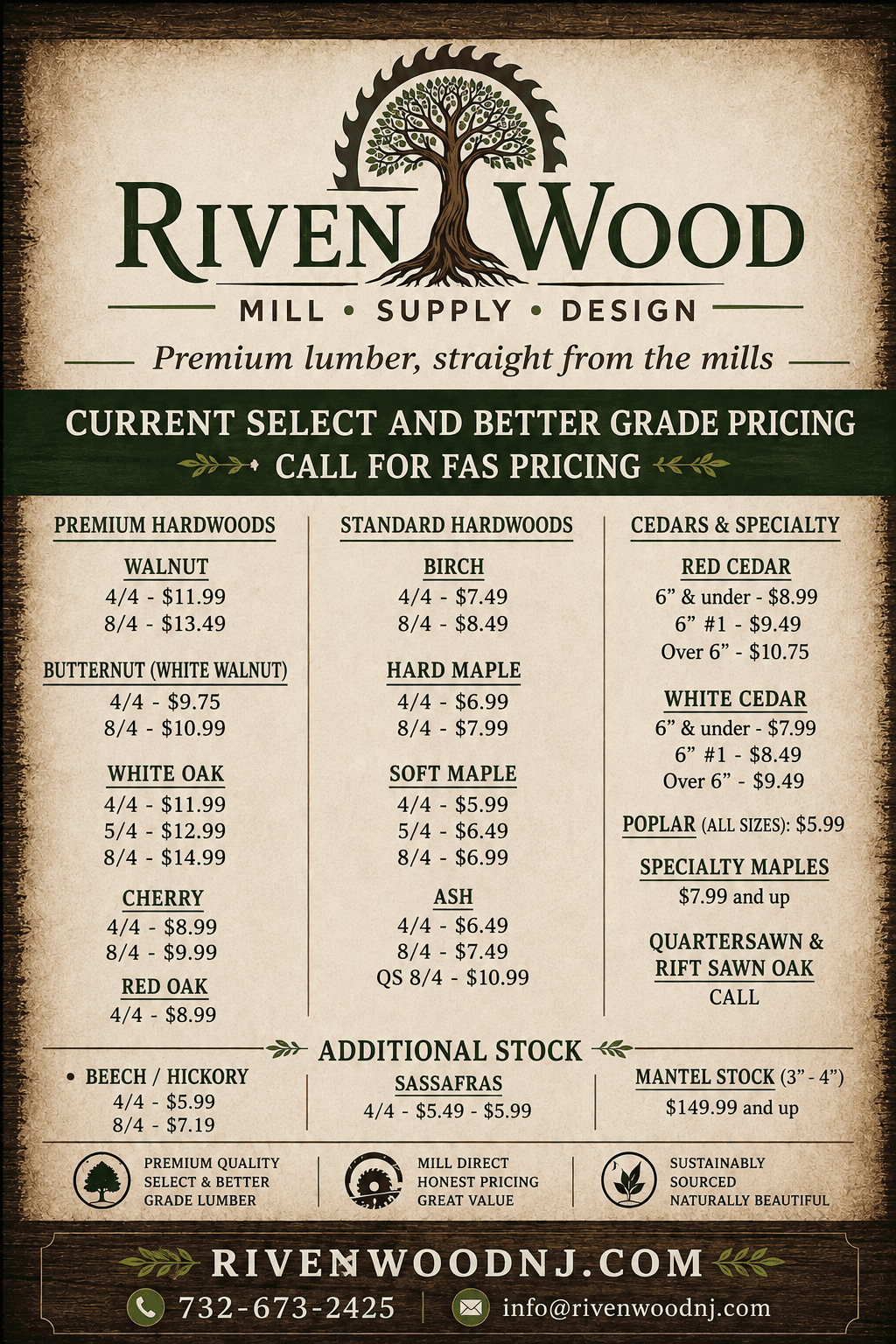 RivenWood lumber price list for select and better grade boards