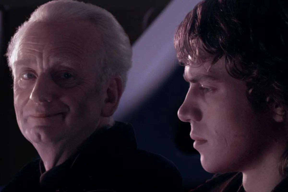 Chancellor Palpatine, secretly the Sith Lord Darth Sidious, maniplates Anakin Skywalker.