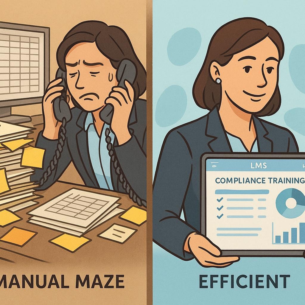 A split image or a transition: on one side, a stressed HR professional is overwhelmed by a chaotic desk piled high with paper files, sticky notes, spreadsheets on a monitor, and multiple phone calls, symbolizing the